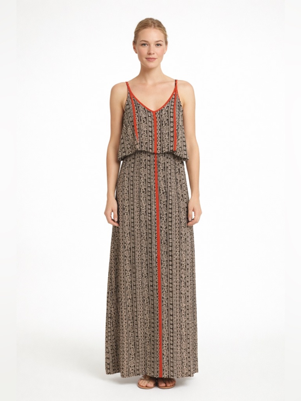 THML Brown Patterned Maxi Dress with Rust Trim
